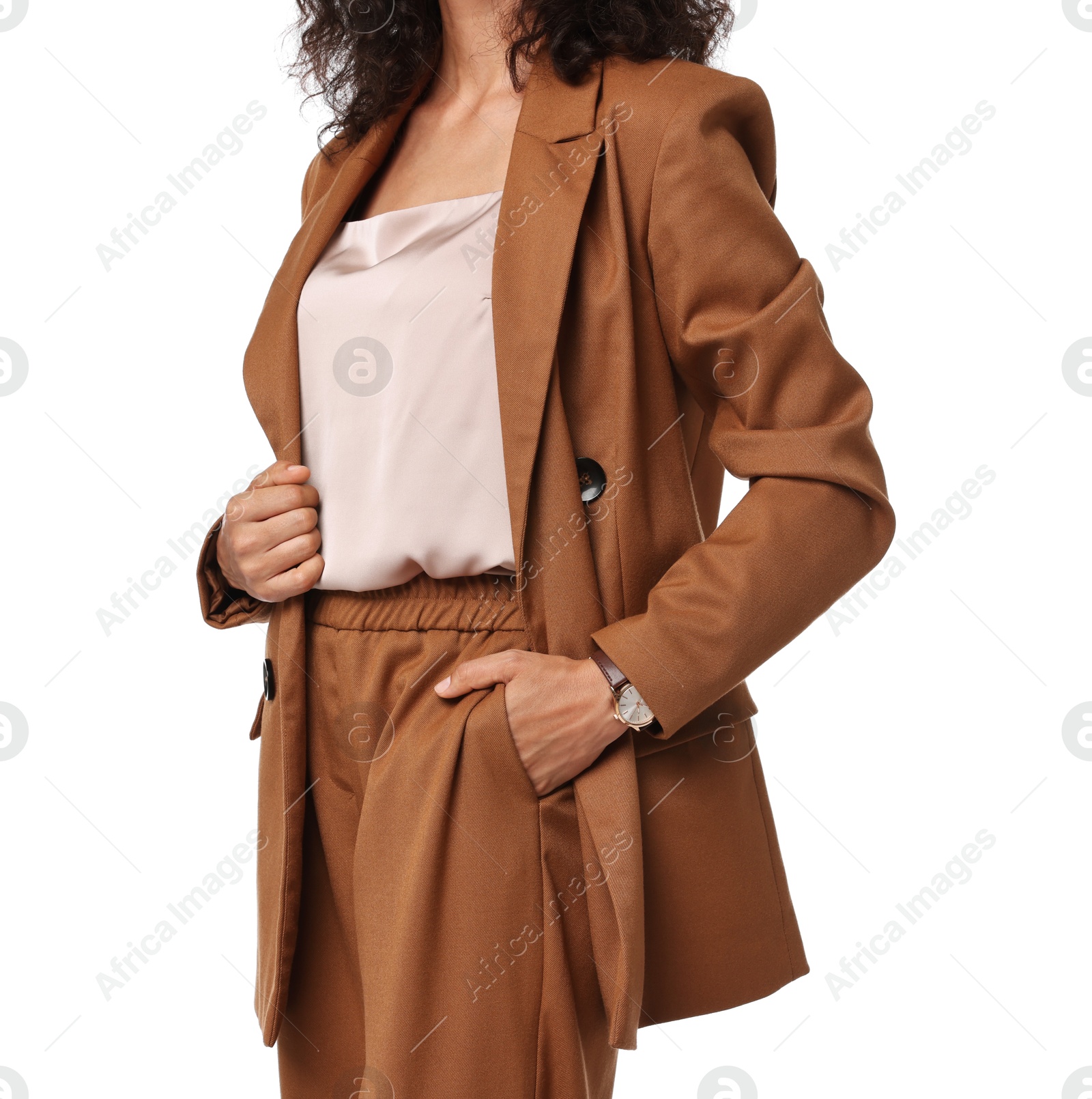 Photo of Woman in stylish suit isolated on white, closeup