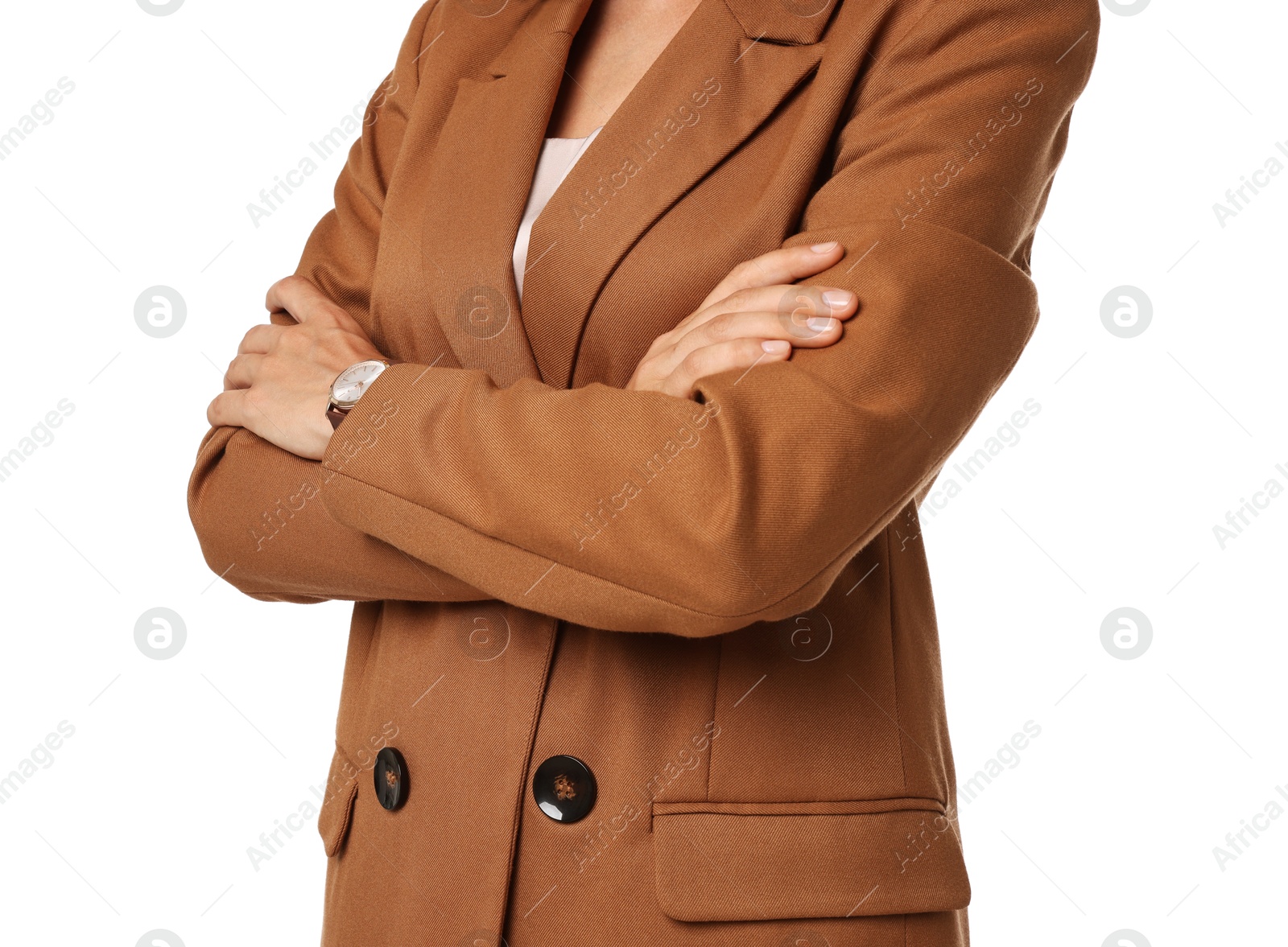 Photo of Woman in stylish suit isolated on white, closeup