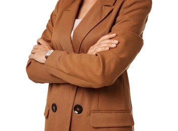 Photo of Woman in stylish suit isolated on white, closeup