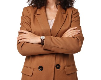 Photo of Woman in stylish suit isolated on white, closeup