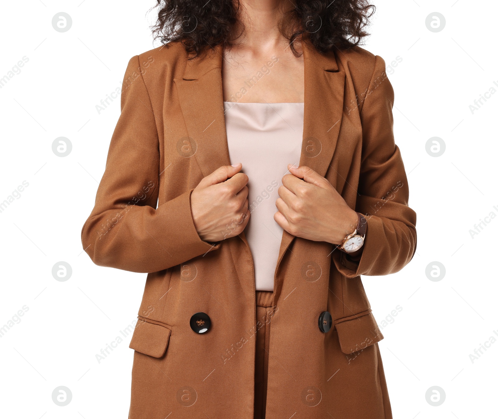 Photo of Woman in stylish suit isolated on white, closeup