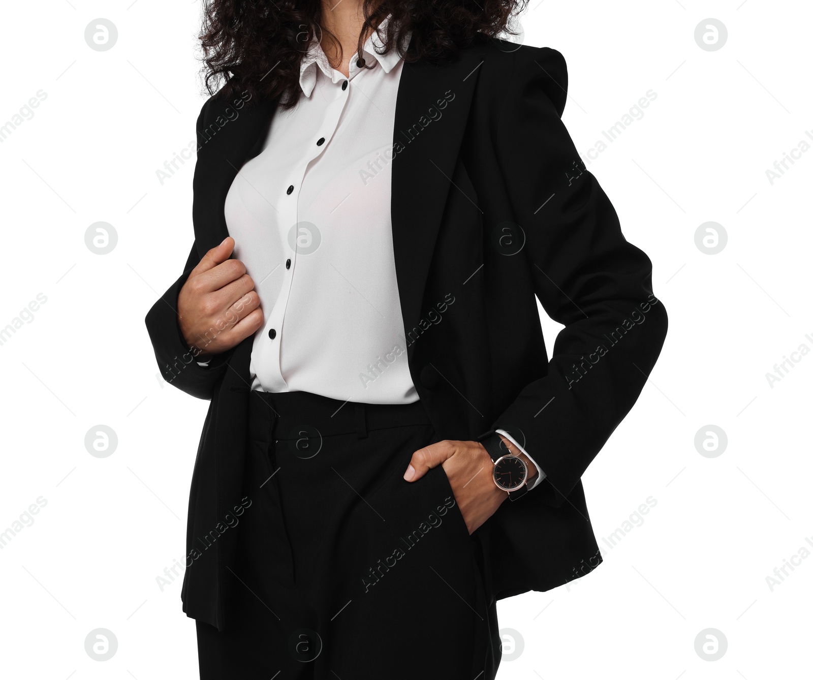 Photo of Woman in black suit isolated on white, closeup