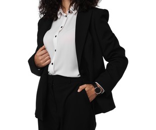 Photo of Woman in black suit isolated on white, closeup