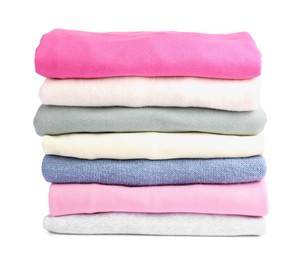 Photo of Stack of colorful clothes isolated on white