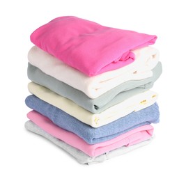 Photo of Stack of colorful clothes isolated on white