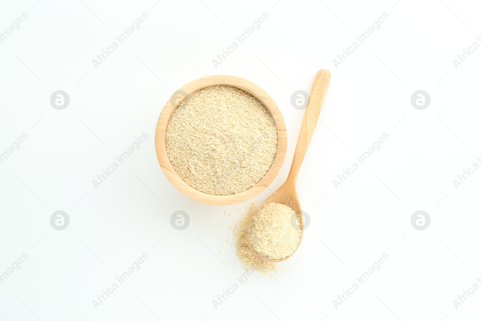 Photo of Superfood powder in bowl and spoon on white background, top view