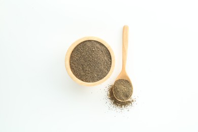 Photo of Superfood powder in bowl and spoon on white background, top view