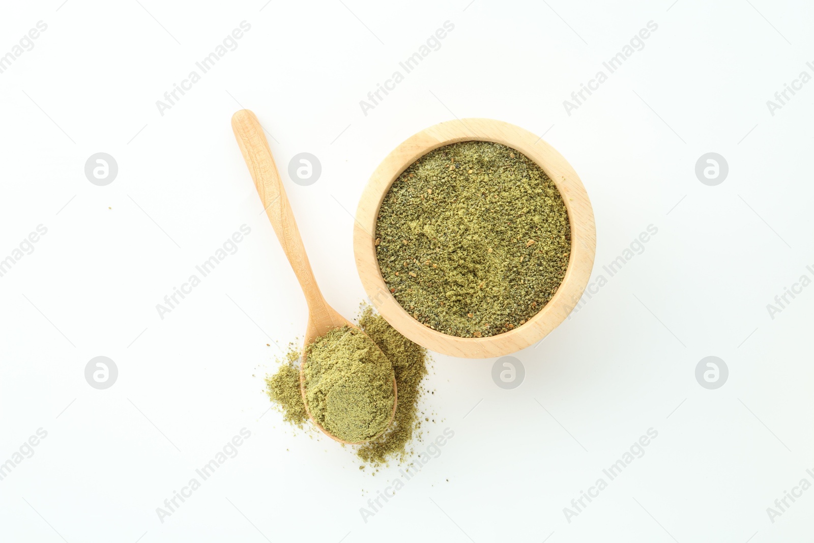 Photo of Superfood powder in bowl and spoon on white background, top view