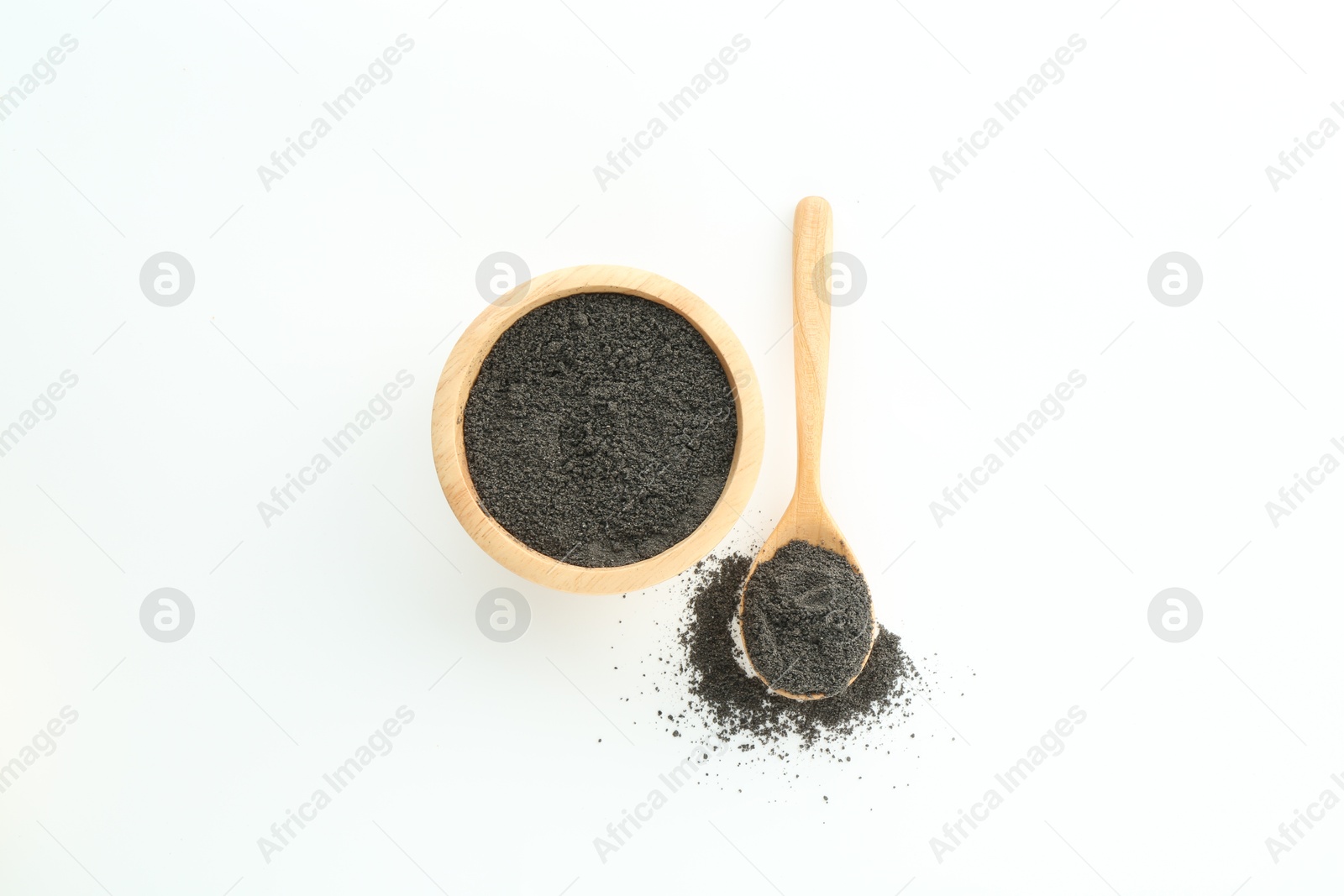 Photo of Superfood powder in bowl and spoon on white background, top view