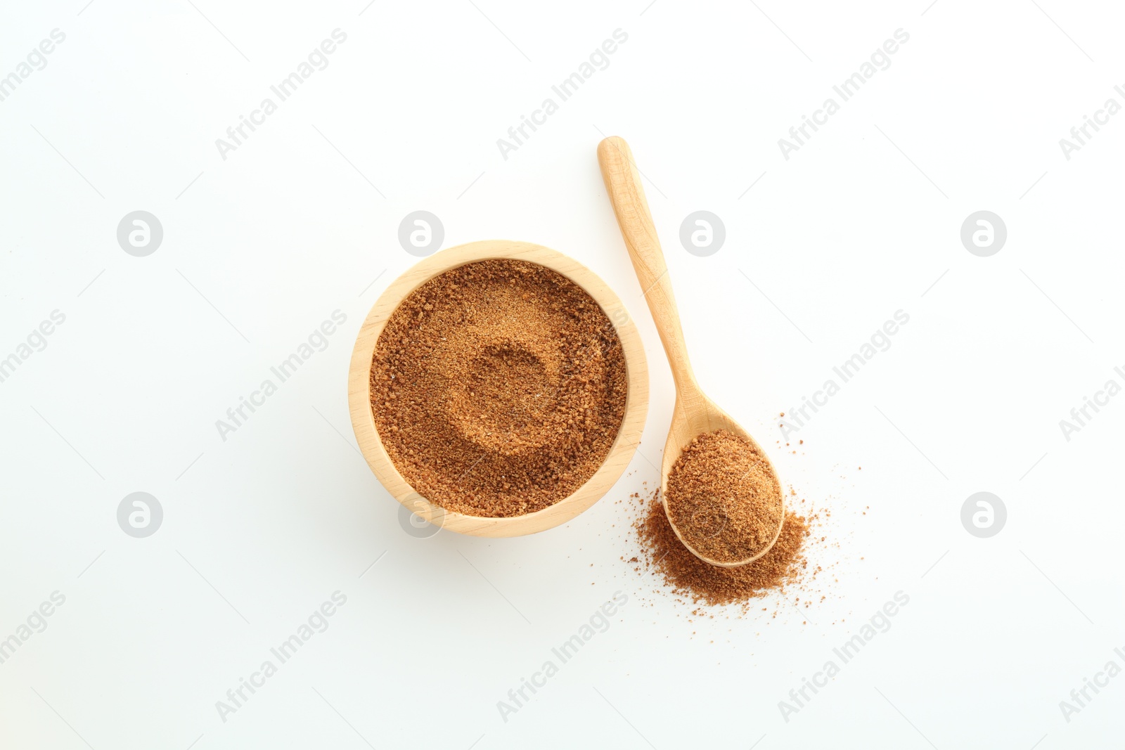 Photo of Superfood powder in bowl and spoon on white background, top view