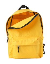 Photo of One stylish yellow backpack isolated on white