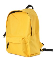 Photo of One stylish yellow backpack isolated on white