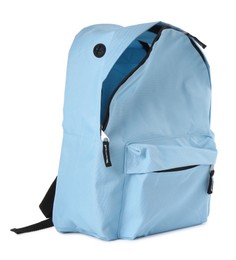 Photo of Stylish light blue backpack isolated on white