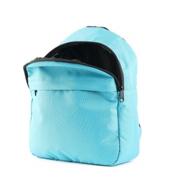 Photo of One stylish light blue backpack isolated on white