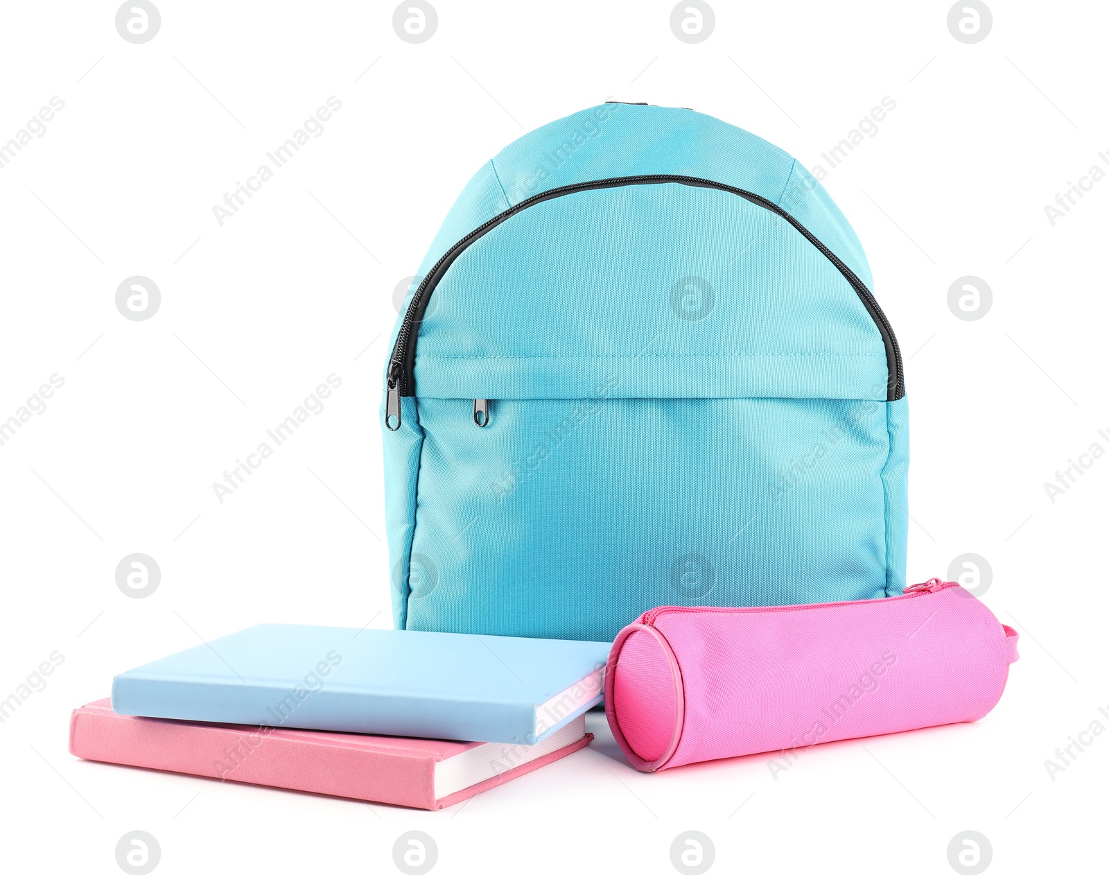 Photo of Backpack with different school stationery isolated on white