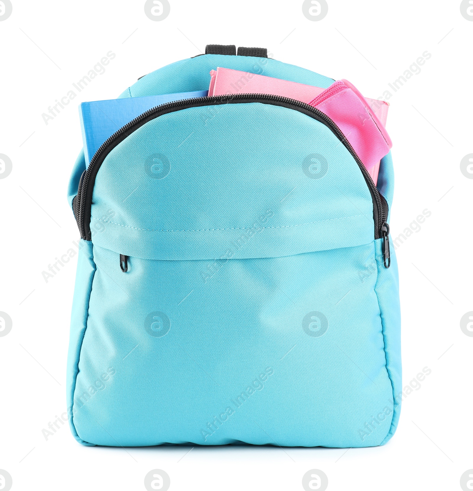 Photo of Backpack with different school stationery isolated on white