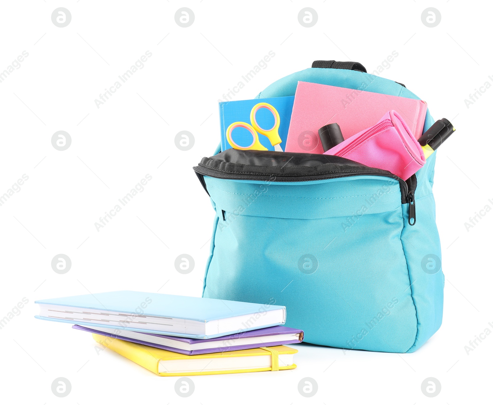 Photo of Backpack with different school stationery isolated on white