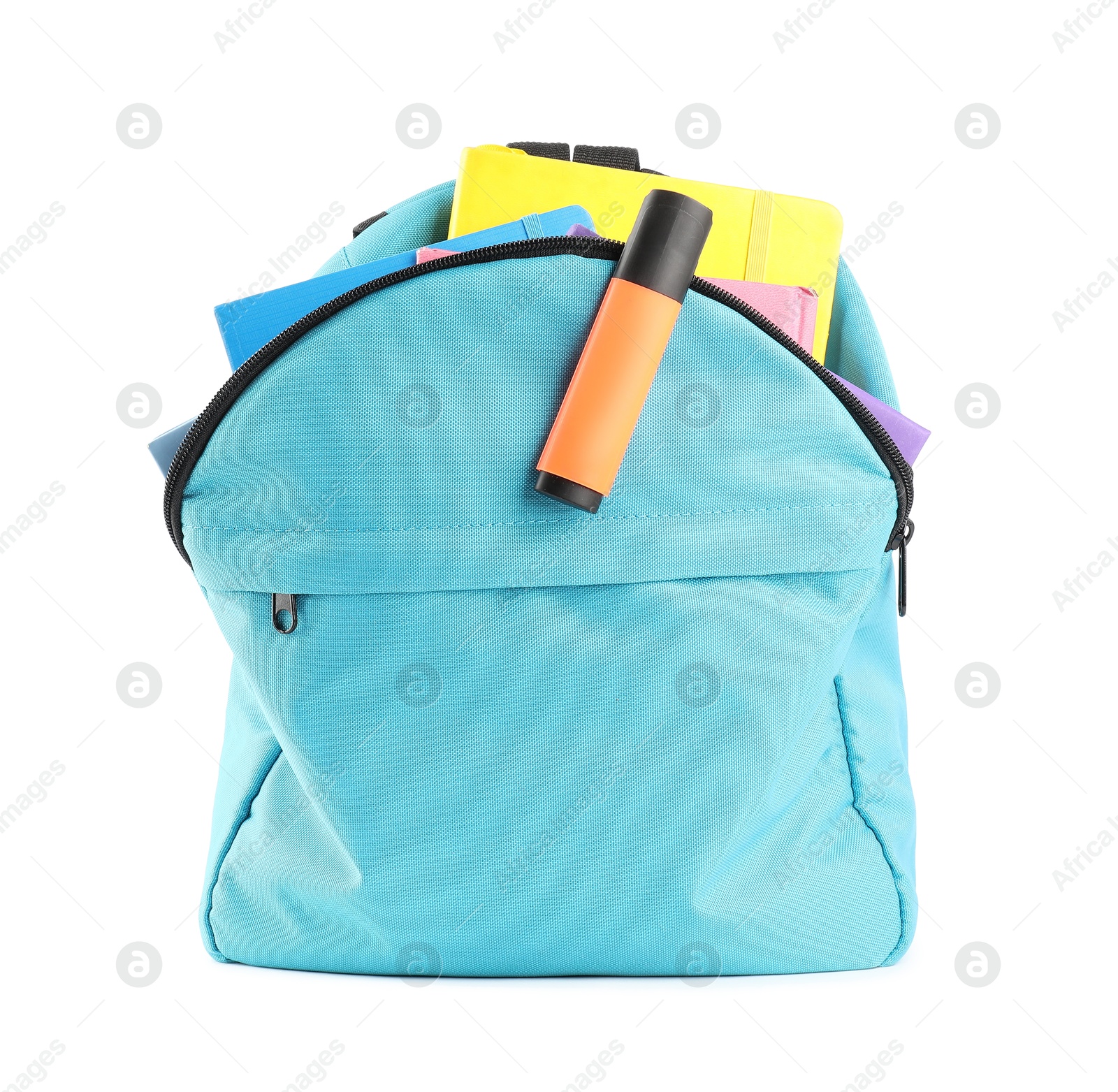 Photo of Backpack with different school stationery isolated on white