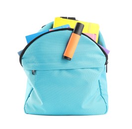 Photo of Backpack with different school stationery isolated on white