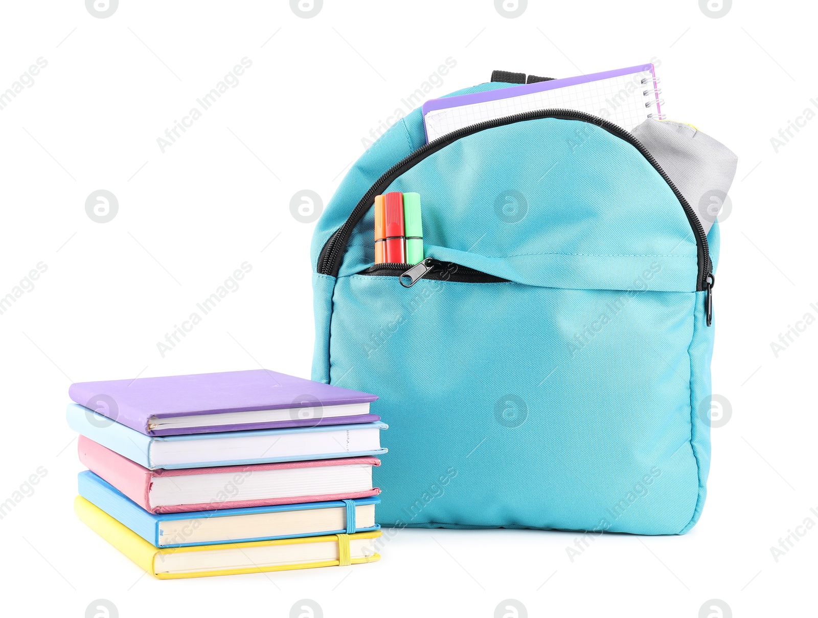 Photo of Backpack with different school stationery isolated on white