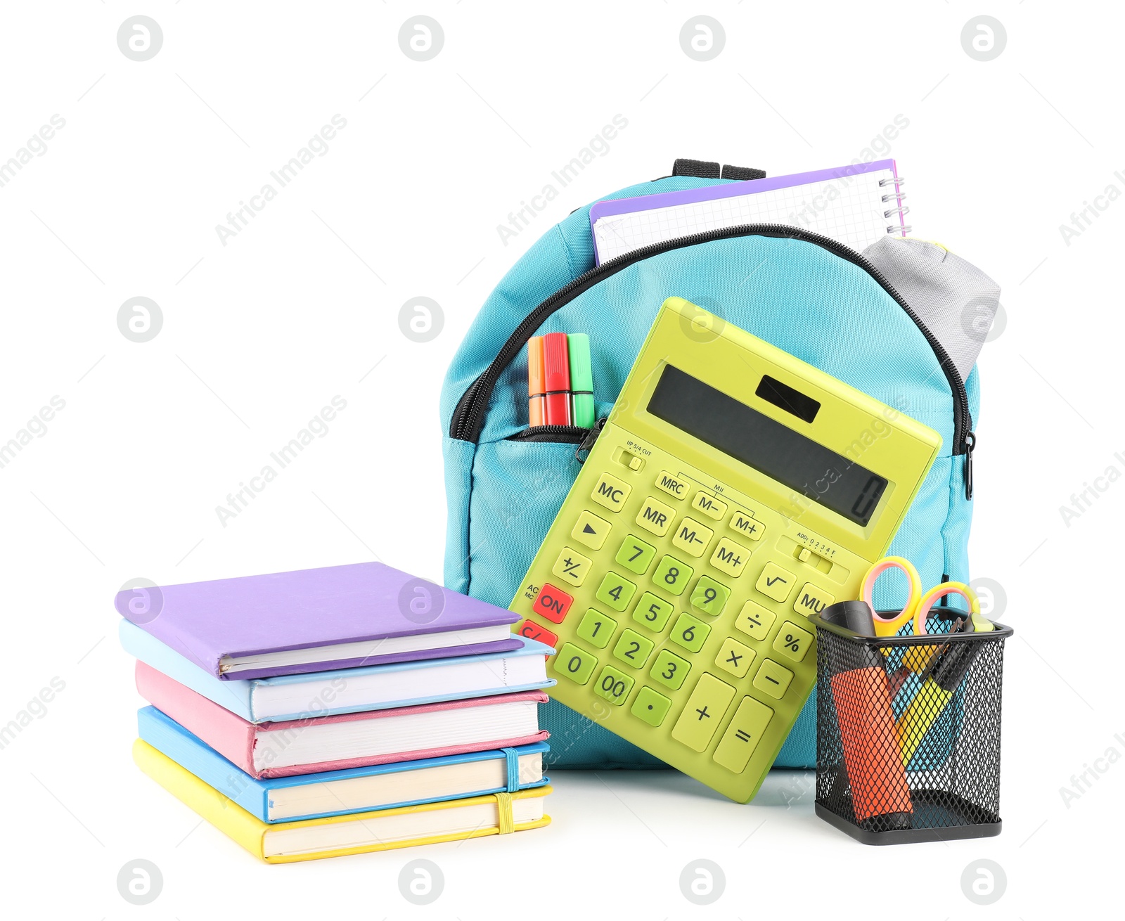 Photo of Backpack with different school stationery isolated on white