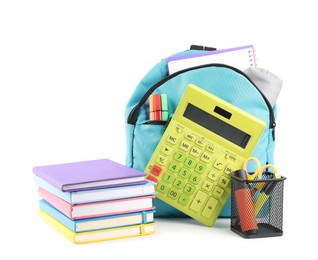 Photo of Backpack with different school stationery isolated on white