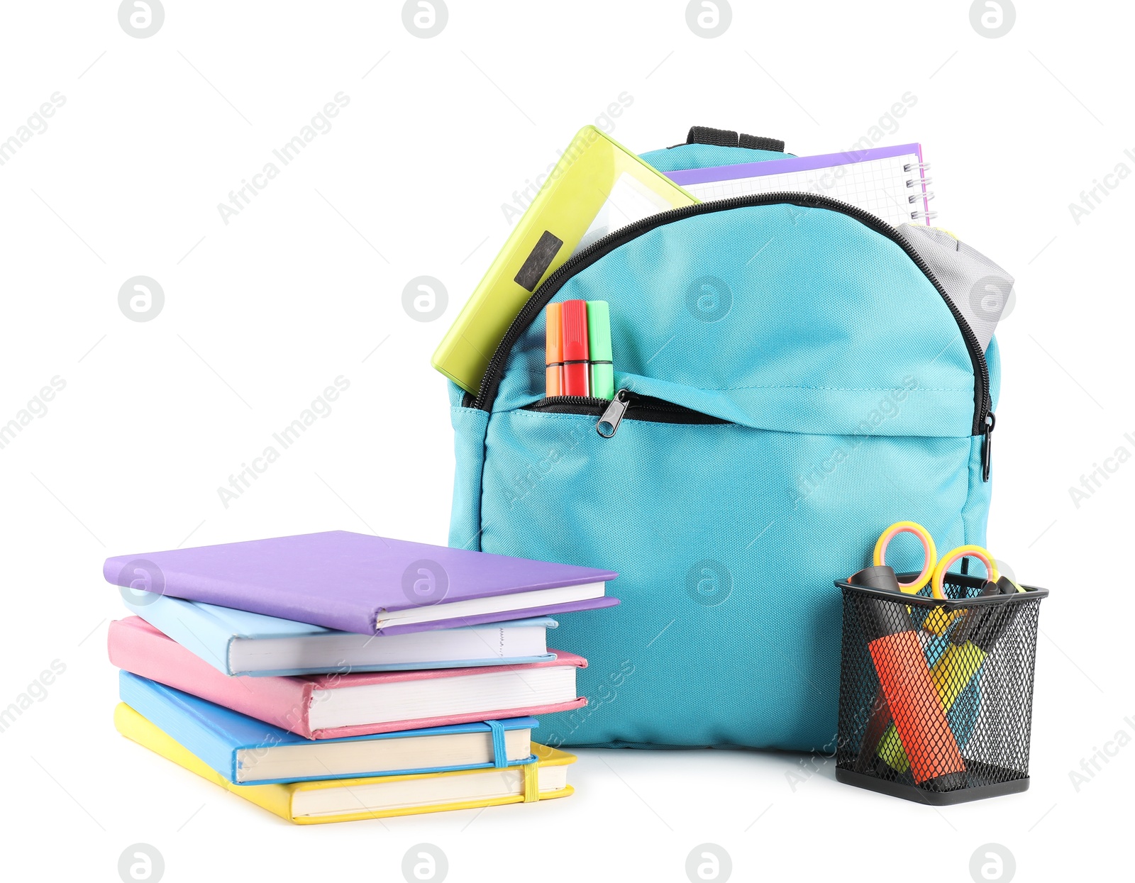 Photo of Backpack with different school stationery isolated on white