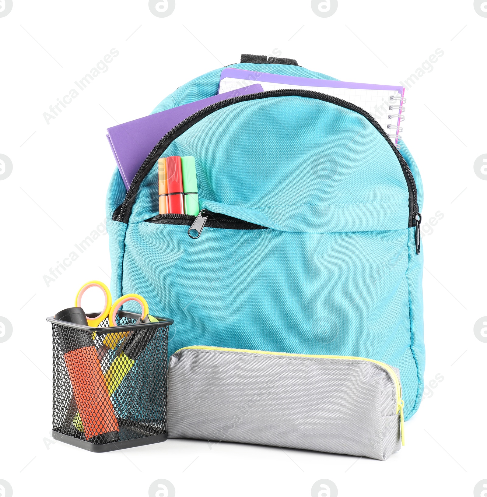 Photo of Backpack with different school stationery isolated on white