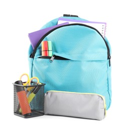 Photo of Backpack with different school stationery isolated on white