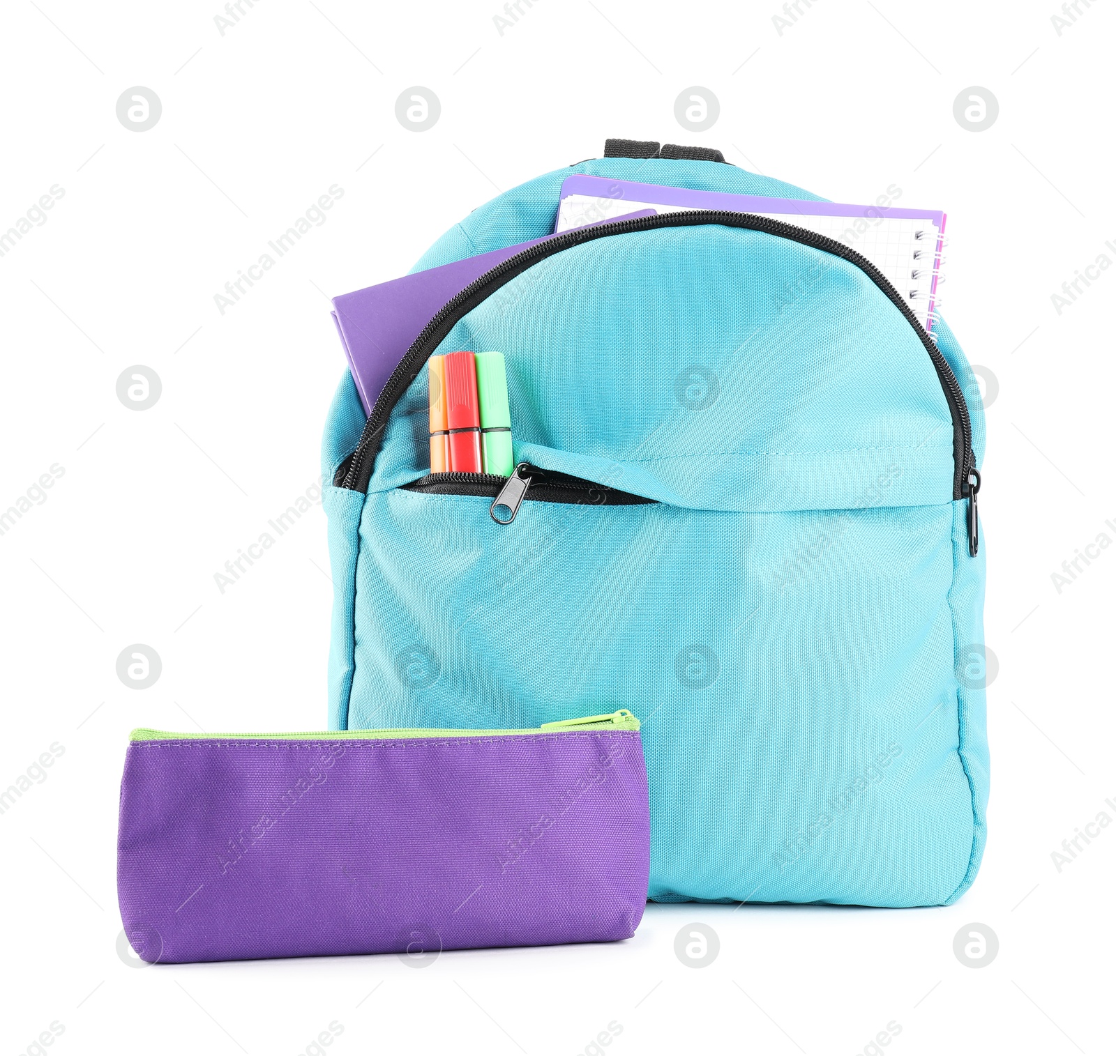 Photo of Backpack with different school stationery isolated on white