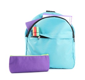 Photo of Backpack with different school stationery isolated on white