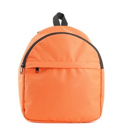 Photo of One stylish orange backpack isolated on white