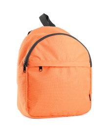 Photo of One stylish orange backpack isolated on white