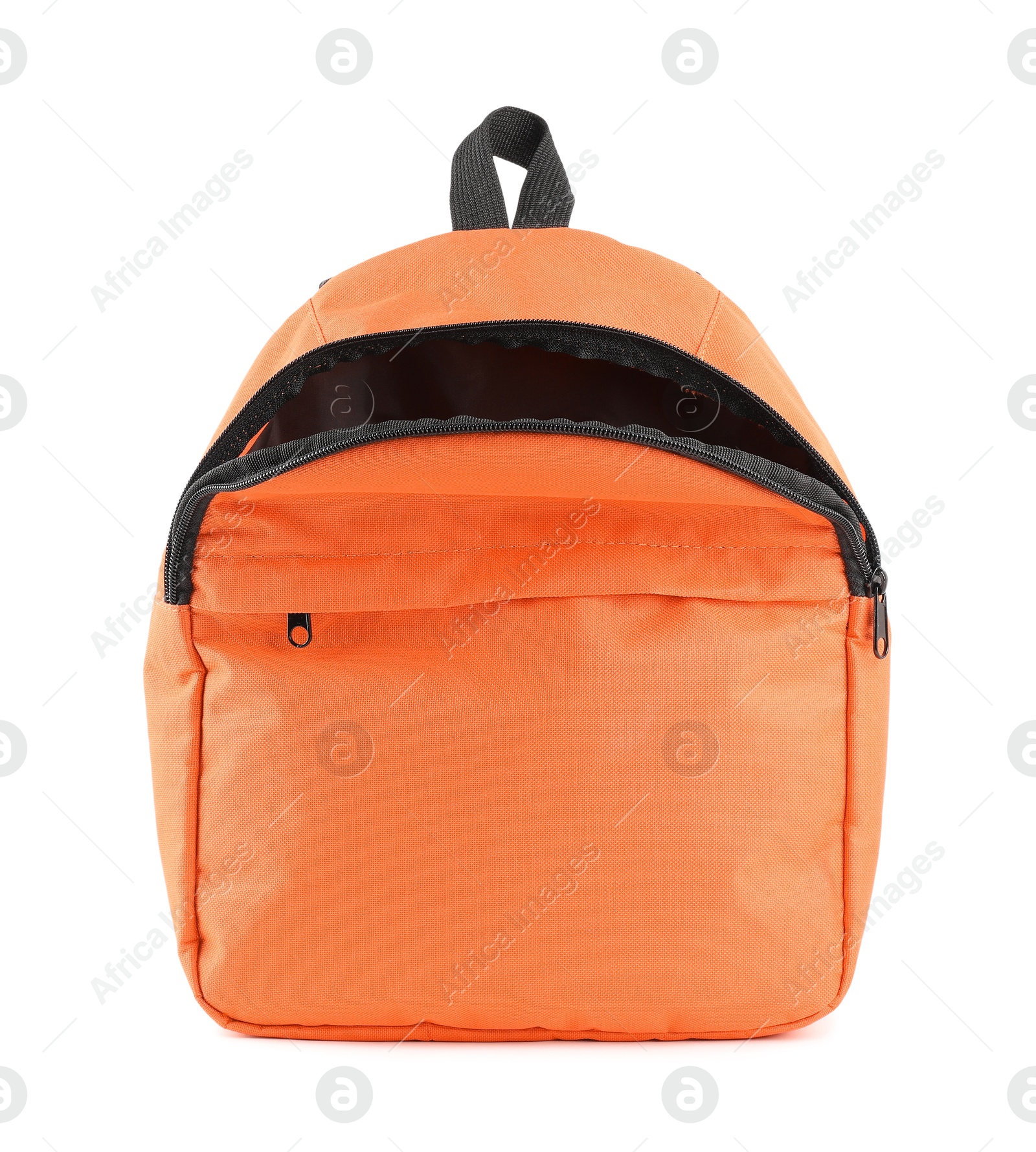 Photo of One stylish orange backpack isolated on white