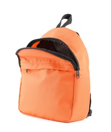 Photo of One stylish orange backpack isolated on white