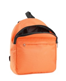 Photo of One stylish orange backpack isolated on white