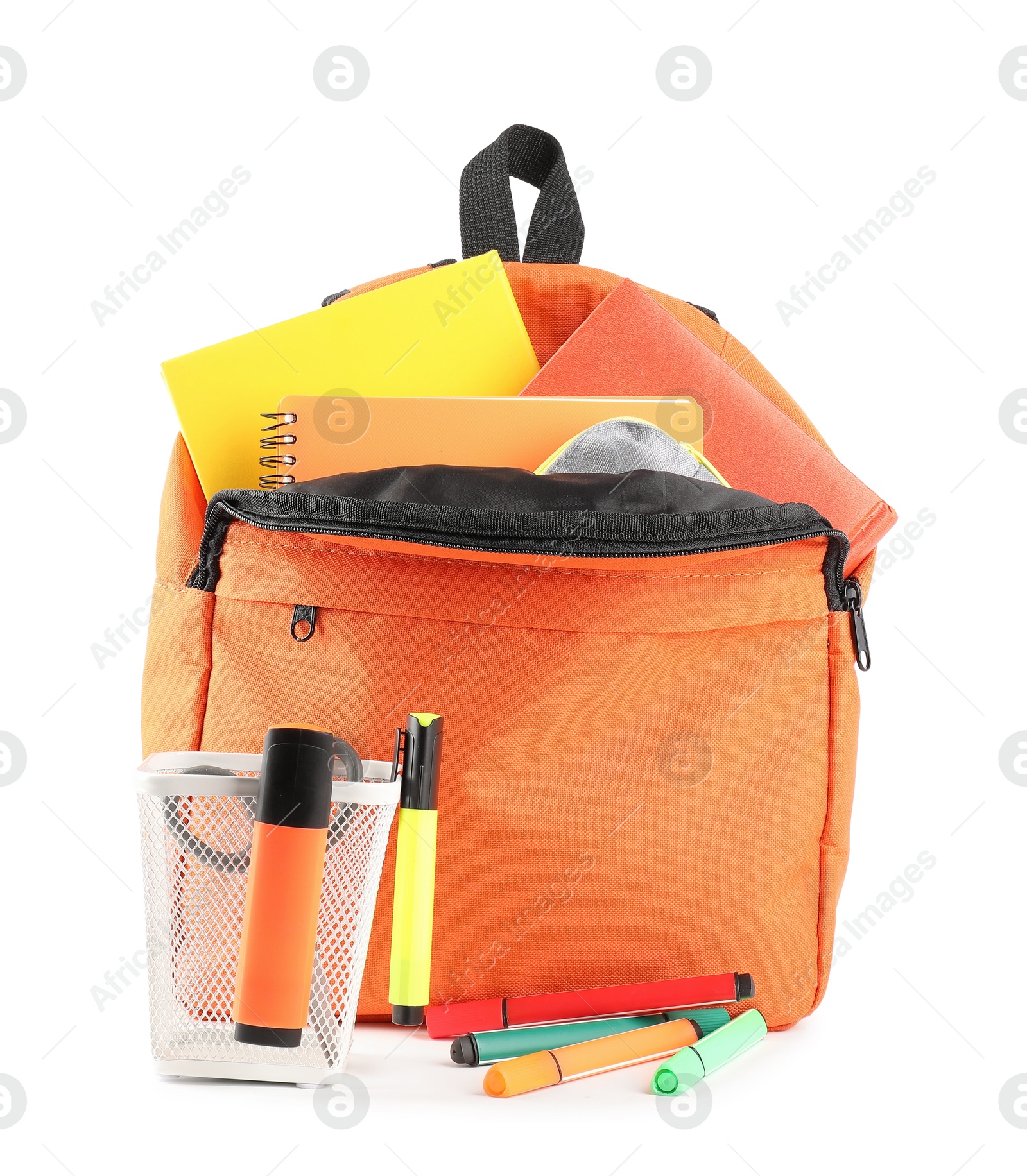 Photo of Backpack with different school stationery isolated on white