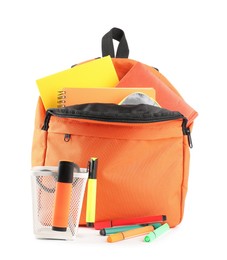 Photo of Backpack with different school stationery isolated on white