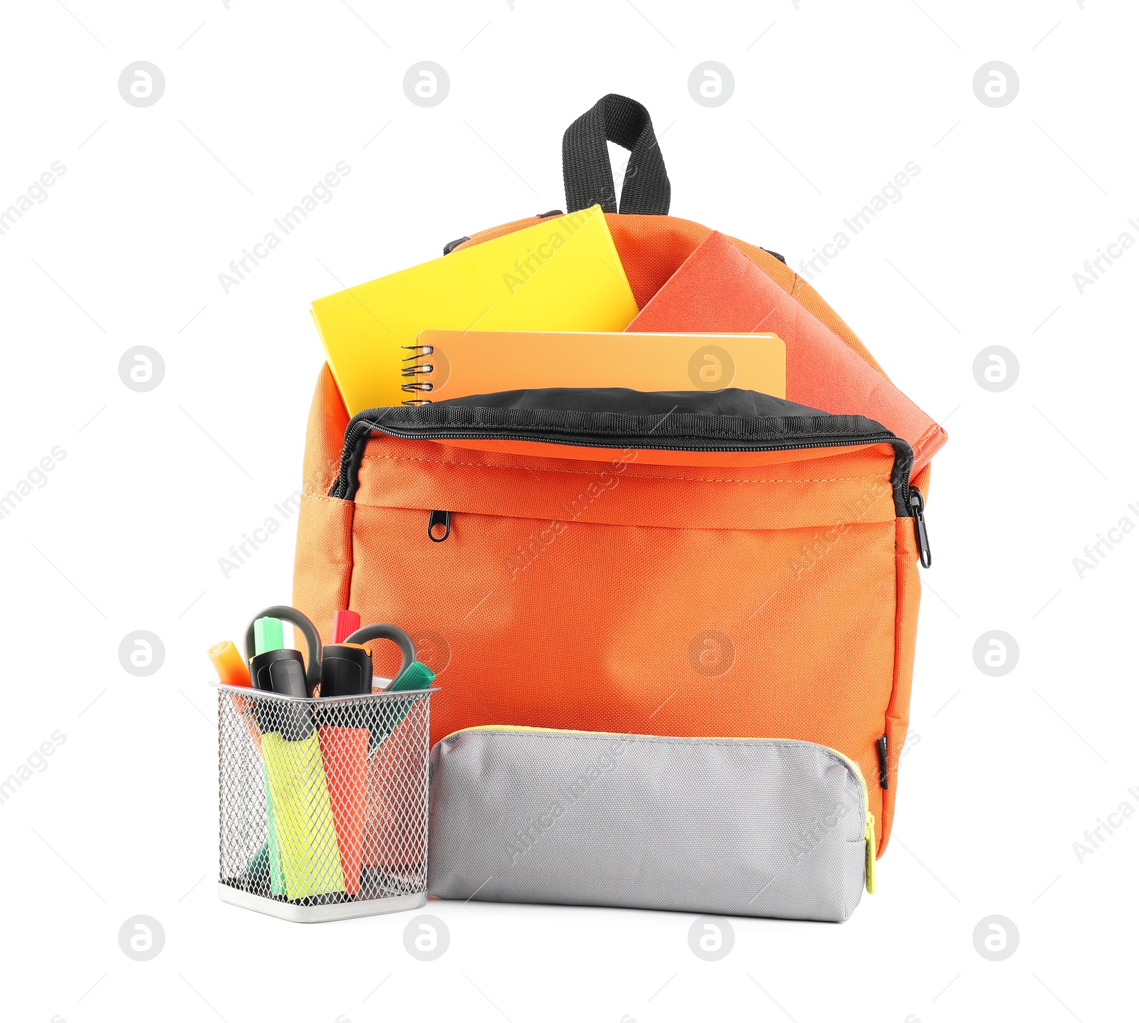 Photo of Backpack with different school stationery isolated on white