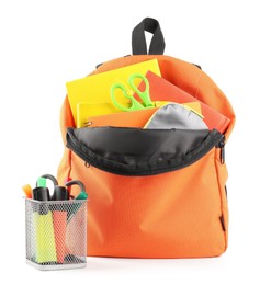 Photo of Backpack with different school stationery isolated on white