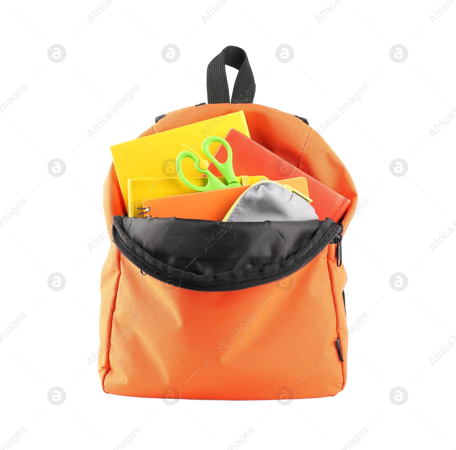 Photo of Backpack with different school stationery isolated on white