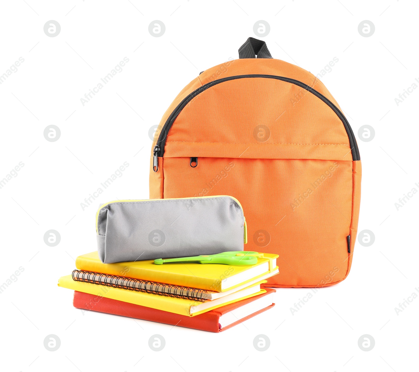 Photo of Backpack with different school stationery isolated on white