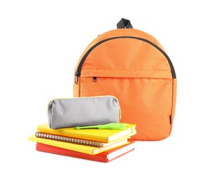 Photo of Backpack with different school stationery isolated on white