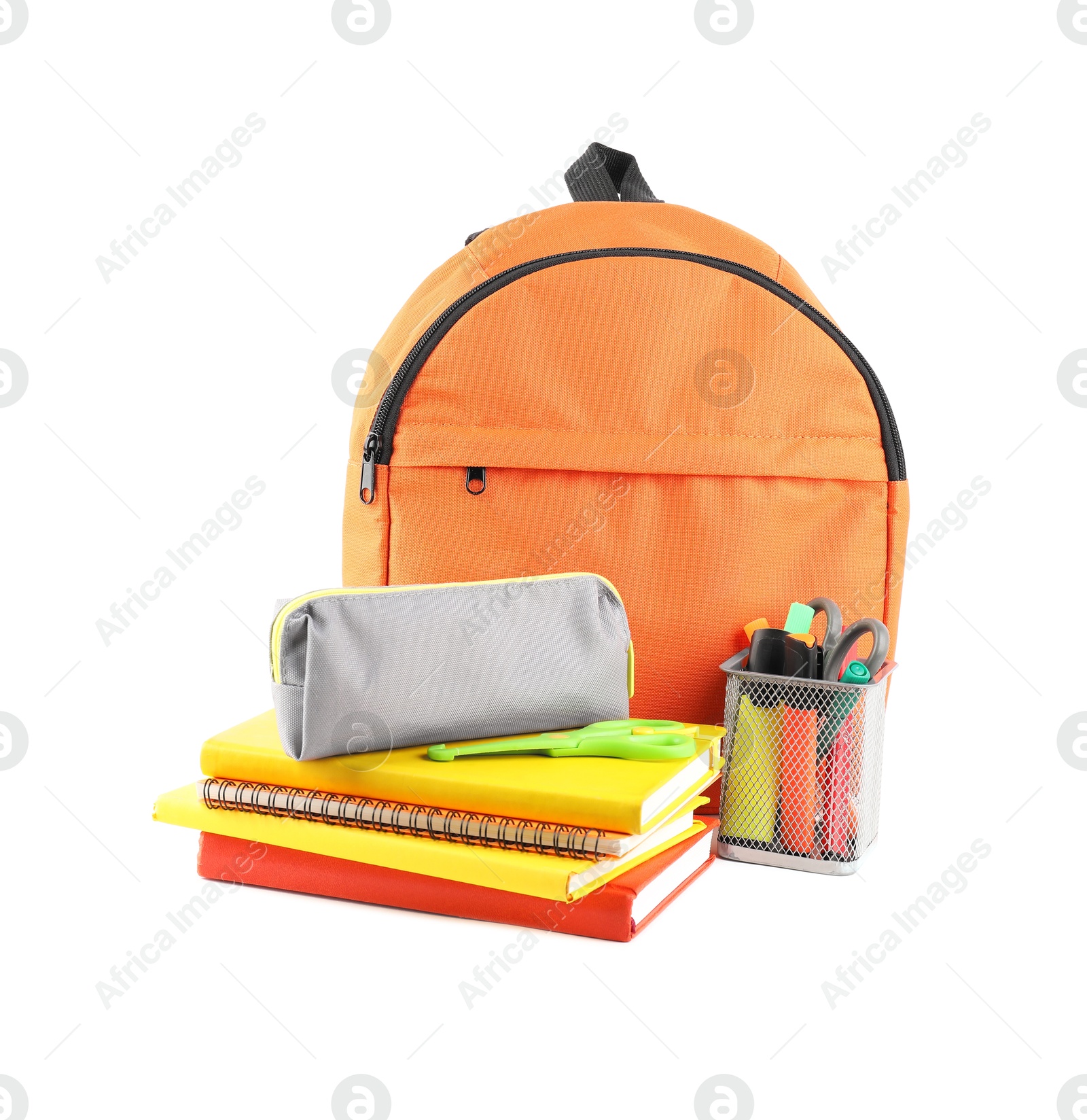 Photo of Backpack with different school stationery isolated on white