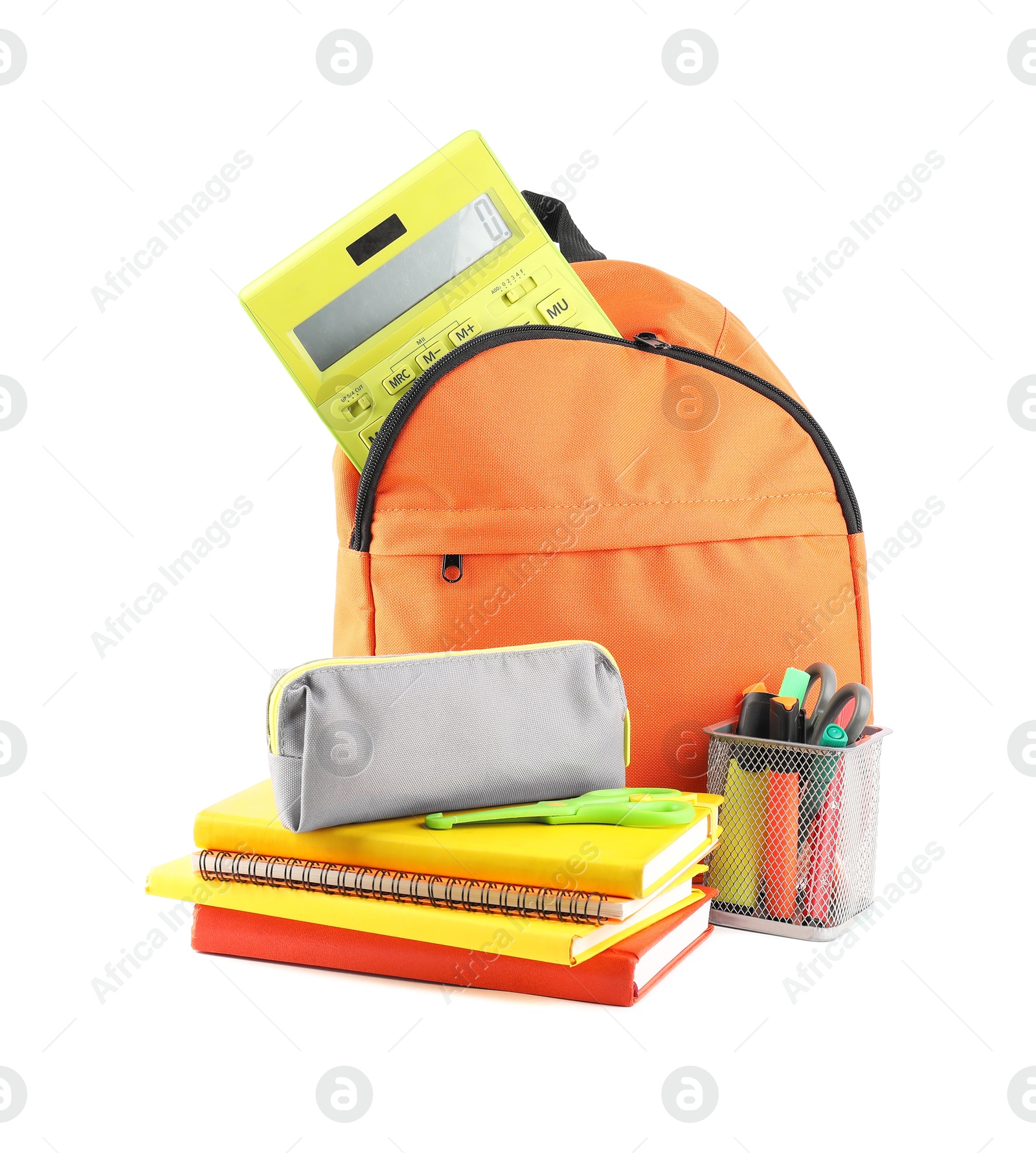 Photo of Backpack with different school stationery isolated on white