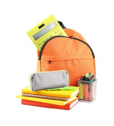 Photo of Backpack with different school stationery isolated on white