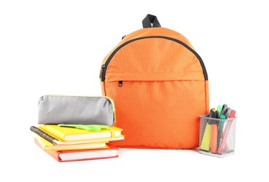 Photo of Backpack with different school stationery isolated on white