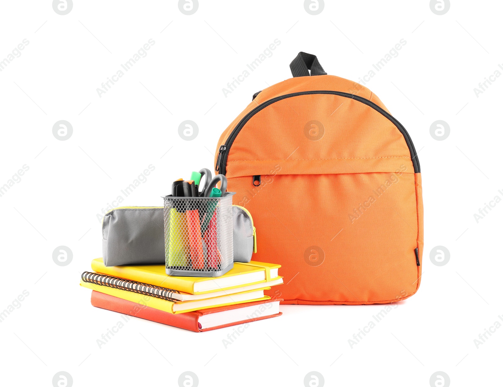 Photo of Backpack with different school stationery isolated on white