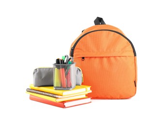 Photo of Backpack with different school stationery isolated on white