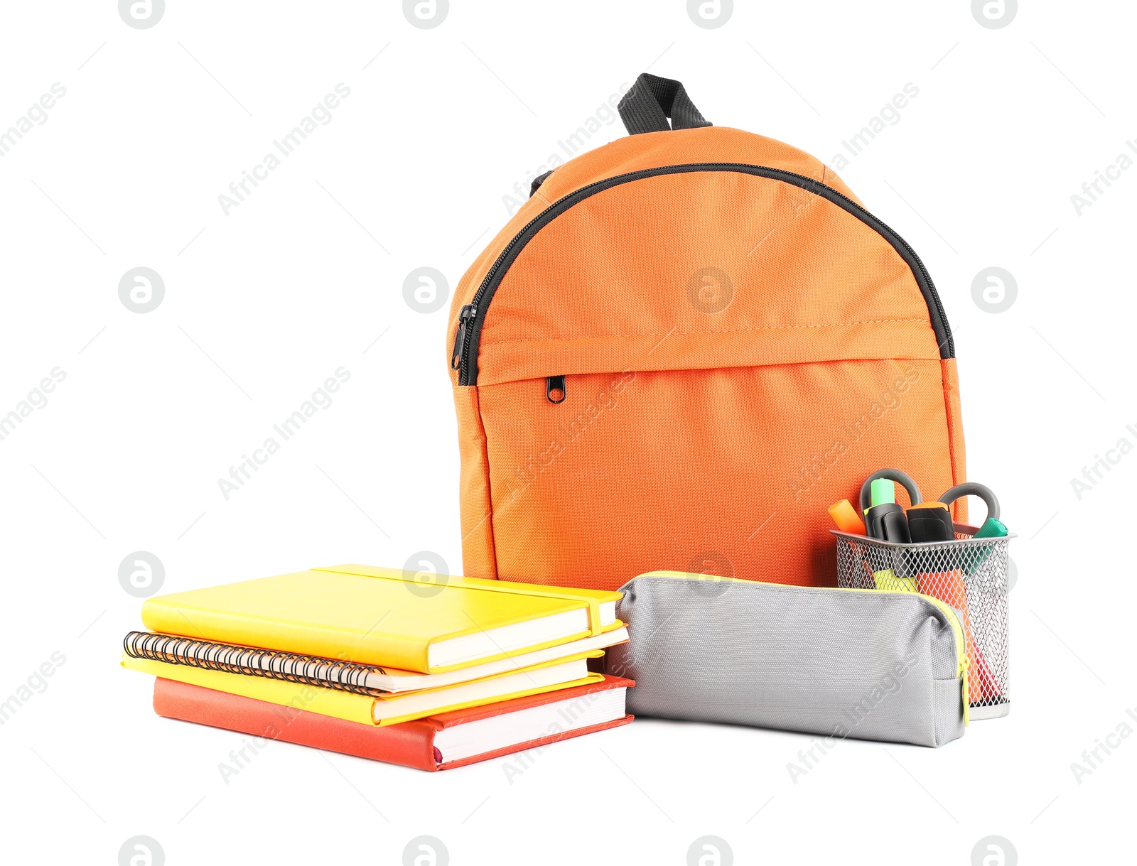 Photo of Backpack with different school stationery isolated on white